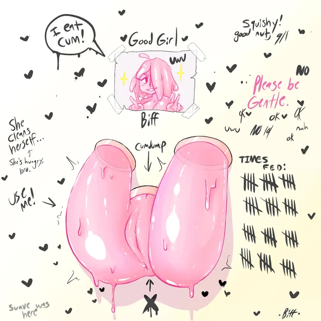 Slime girl Biff working for her dinner (with and without wall writing)