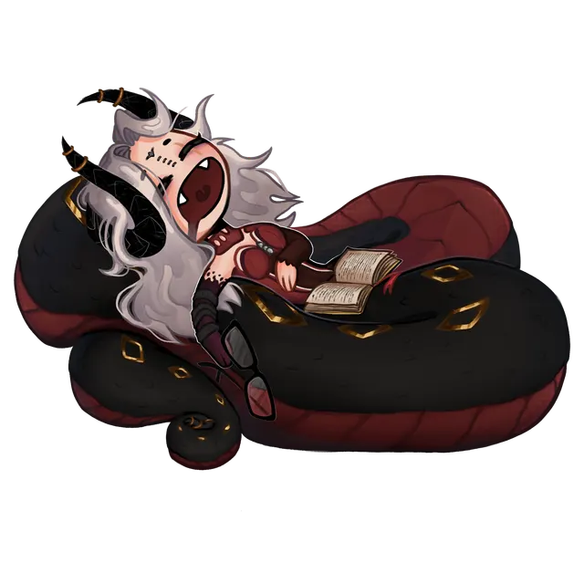 My Lamia OC Visciane passed out while binge reading. Drawn by a friend.