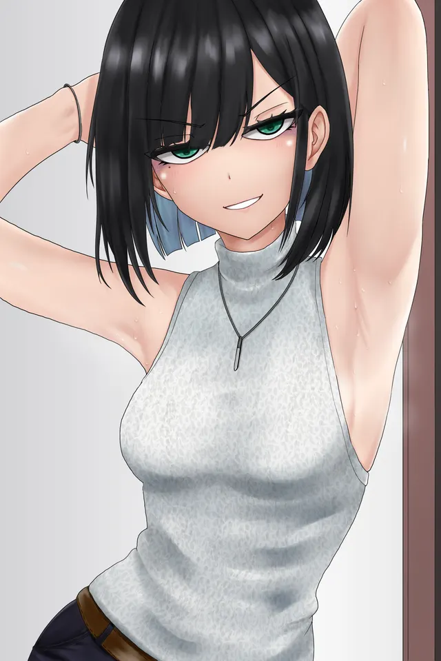 Feisty girl with bobcut showing off her sweaty pits