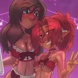 LF Color Source, 2girl, bikini, christmassy, tiefling, brown hair, red hair, pointed ears, blue eyes, purple eyes, orange skin, purple background, blushing, V with fingers, height difference, big tits, under boobs, ear piercing, smile, bisexual, Sofia and Tori