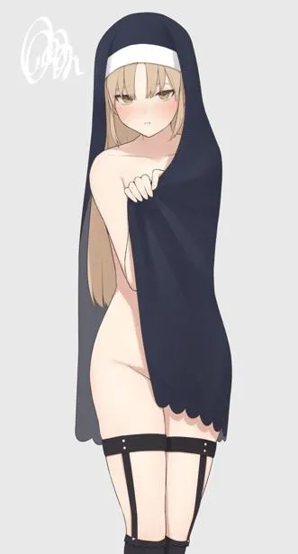 Cute nun girl hiding behind her habit