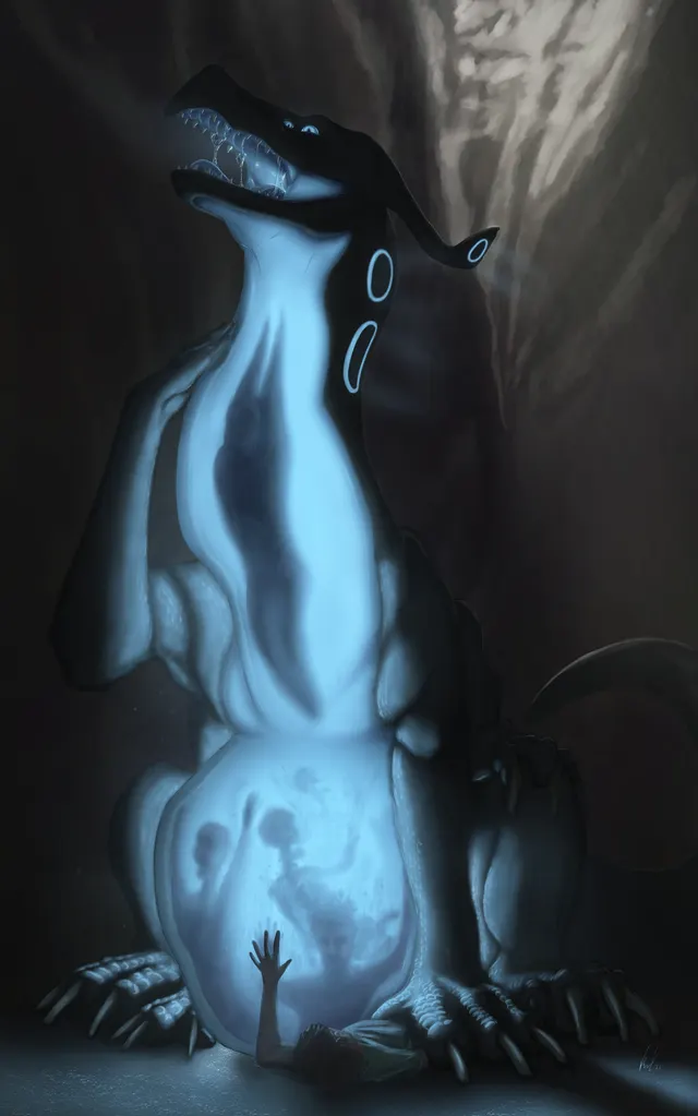 Did a piece I am happy with, now I'm obsessed with translucent preds. [Dragon][Oral][Unwilling][Digestion][Multi-prey][See-through]