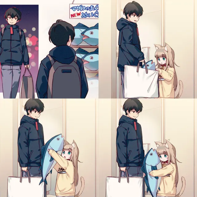 A cat with her fish toy