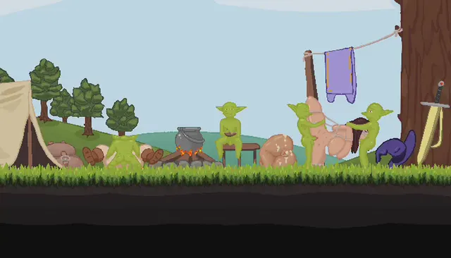 Pixel animation of an adventure camp taken over by gobos (Gooeyforgames)